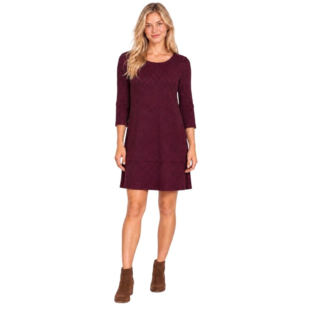 J. Jill Ponte Knit Dress Burgundy Diamond Pattern 3/4 Sleeve Medium